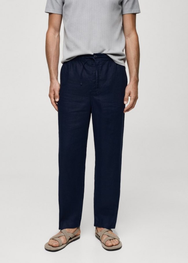 Mango Pantalón 100% lino cordón - Azul marino