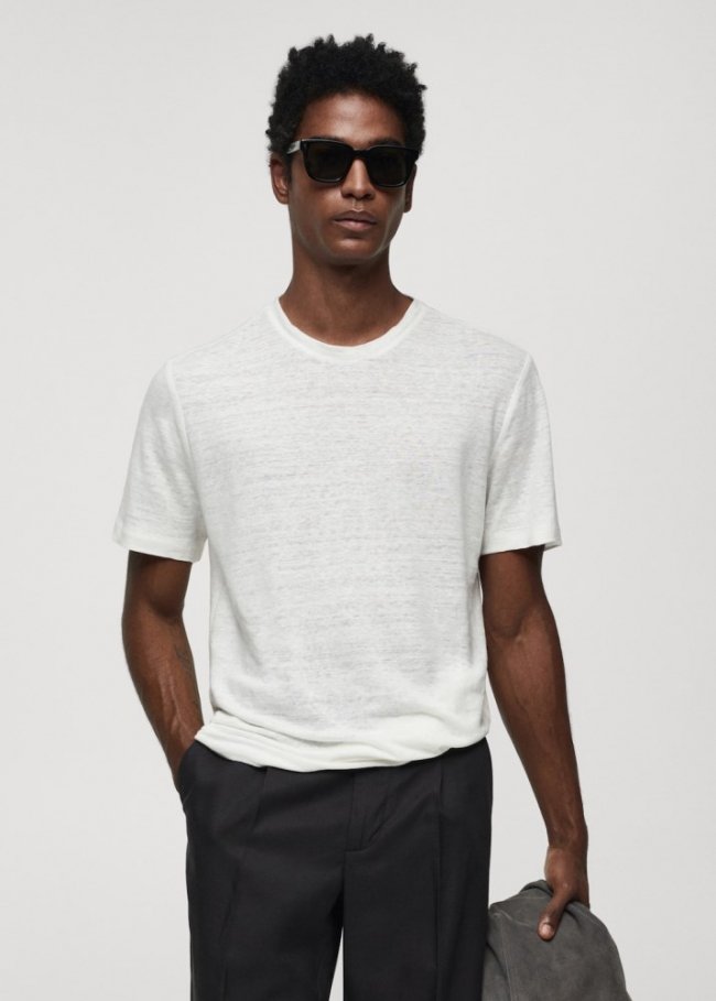 Mango Camiseta lino - Blanco roto