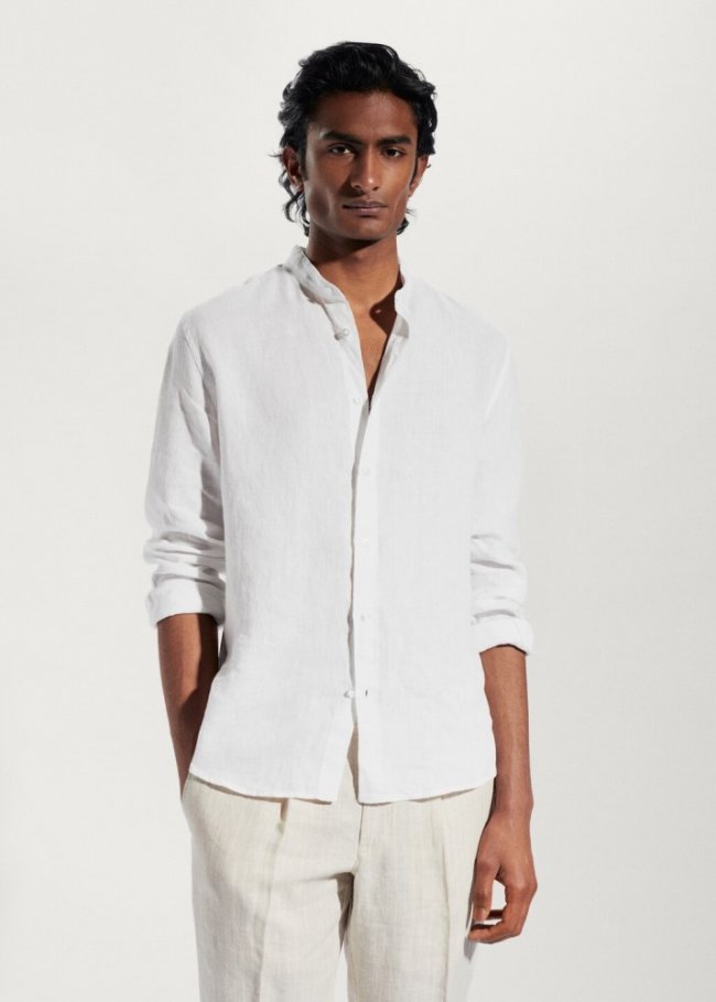Mango Camisa 100% lino cuello mao - Blanco