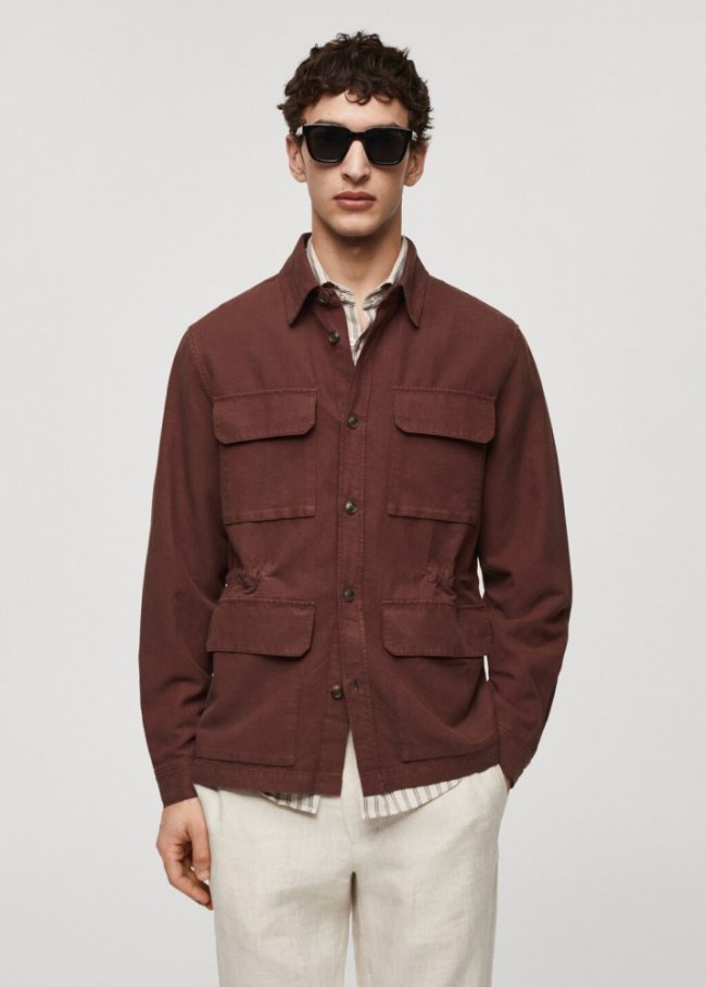 Mango Sobrecamisa lino bolsillos - Burdeos