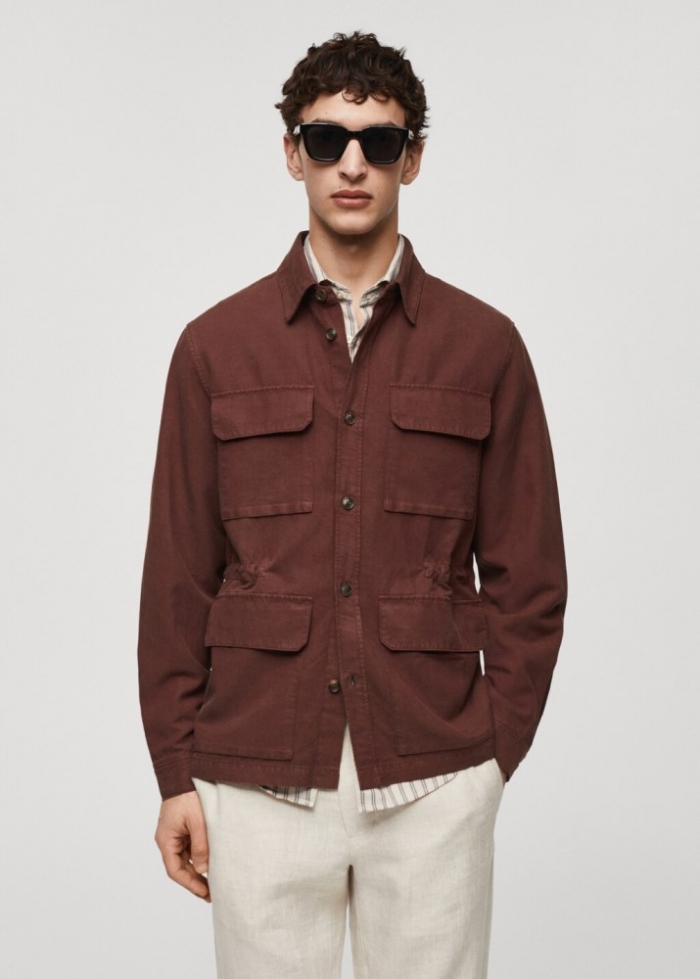 Mango Sobrecamisa lino bolsillos - Burdeos