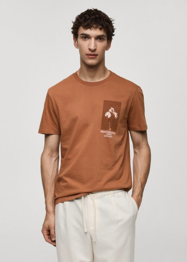 Mango Camiseta slim fit 100% algodón estampado - Naranja tostado