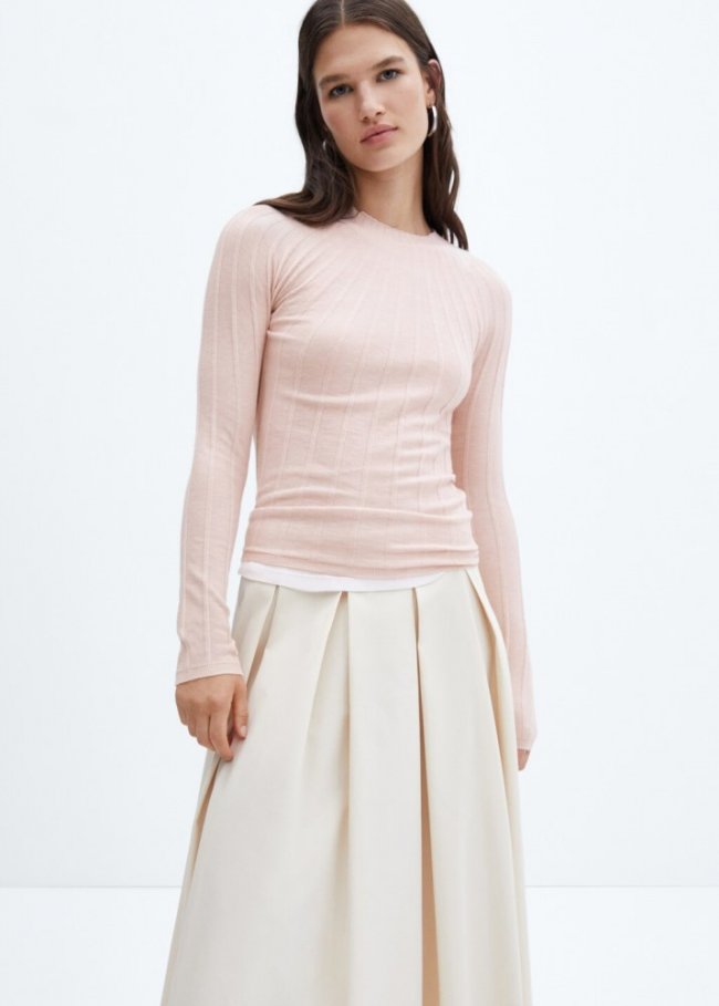 Mango Jersey canalé cuello perkins - Rosa pastel