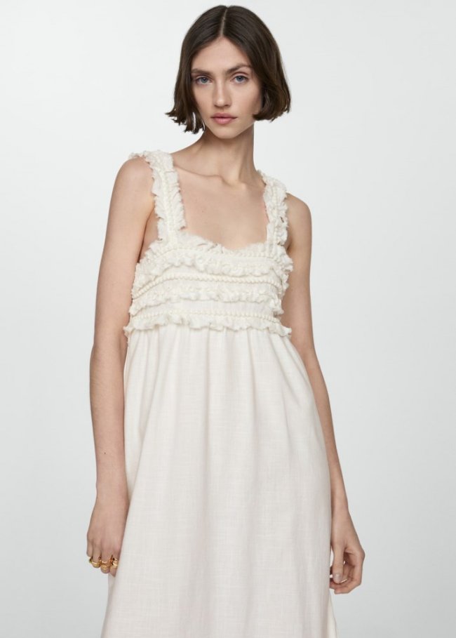 Mango Vestido tirantes detalle flecos - Blanco roto