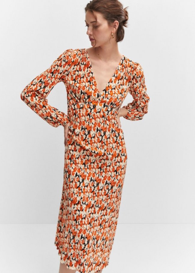 Mango Vestido textura estampado - Naranja