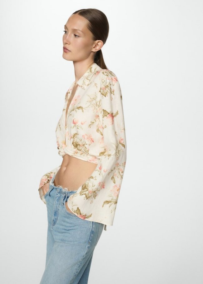 Mango Blusa lino flores - Vainilla