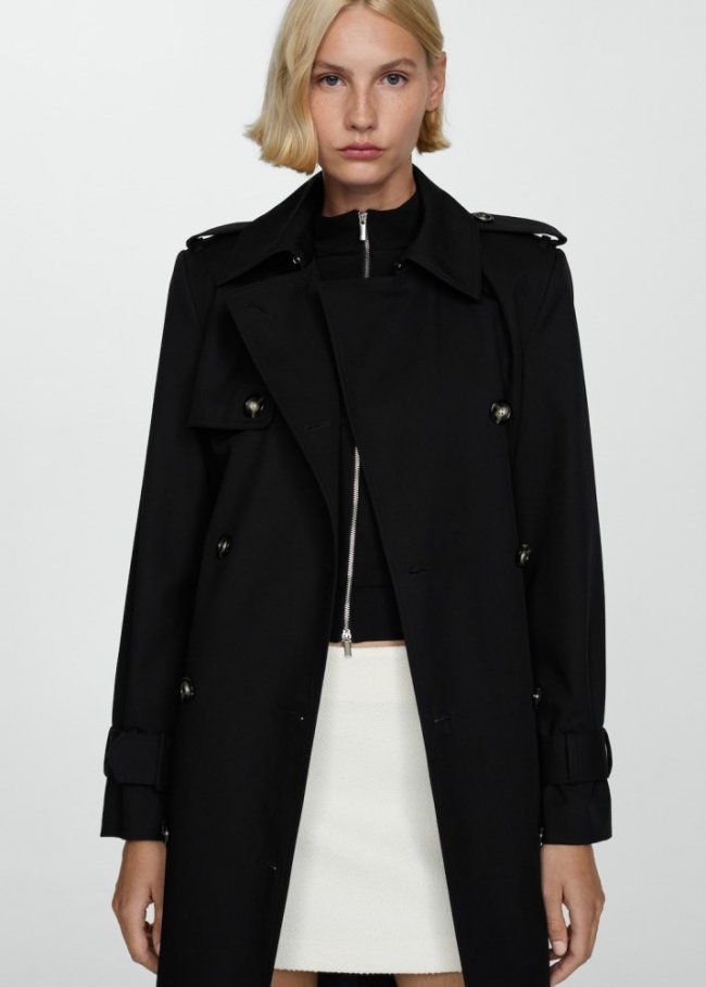Mango Trench algodón doble botonadura - Negro