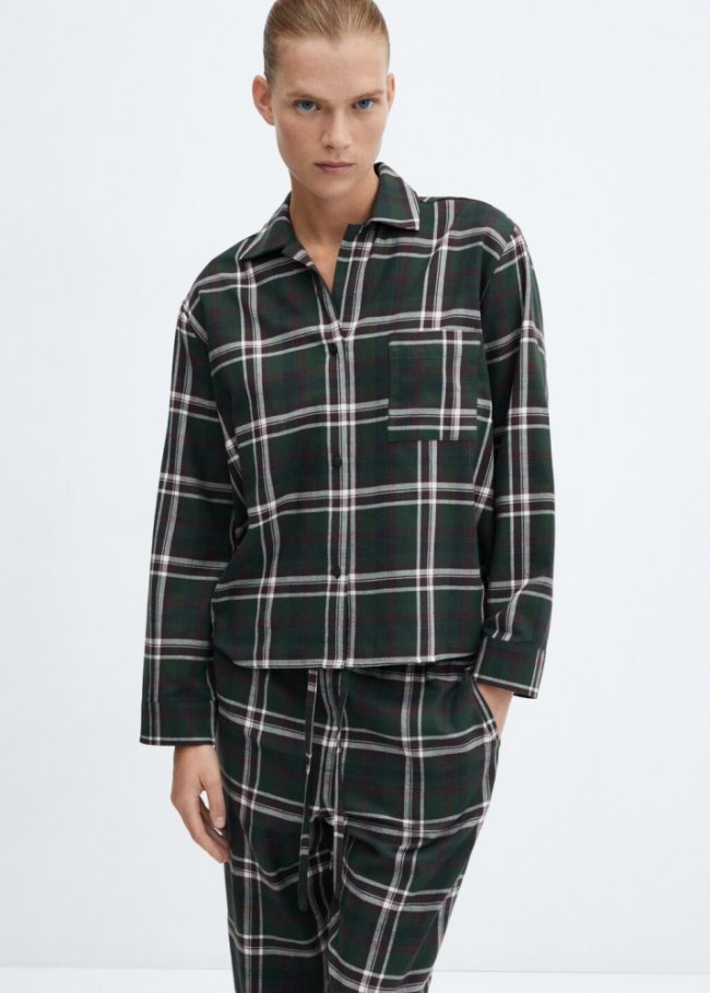 Mango Camisa pijama algodón franela - Granate