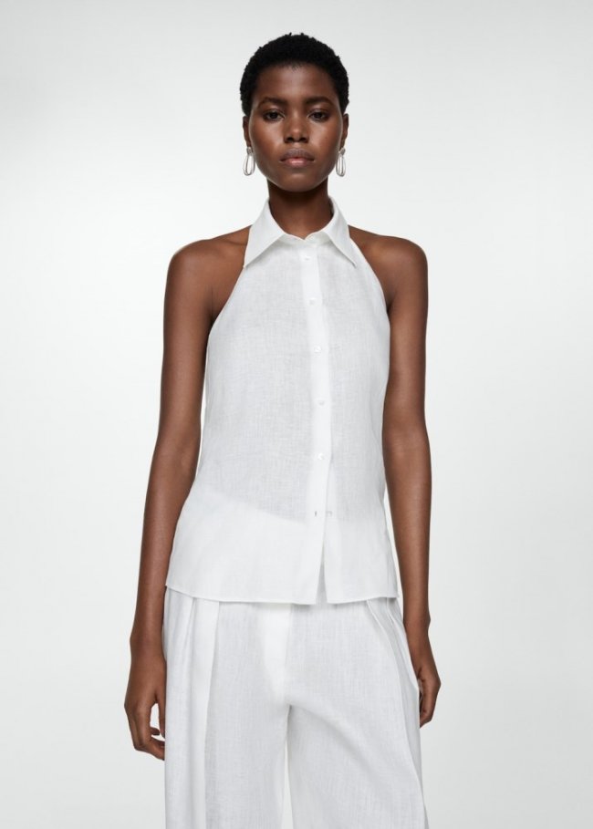 Mango Top 100% lino halter - Blanco roto