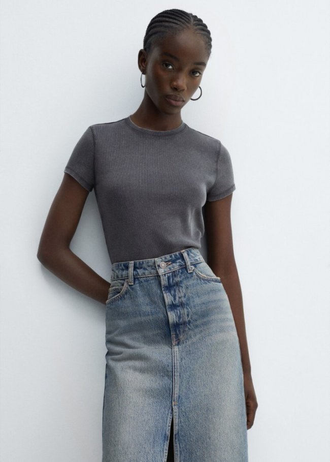Mango Camiseta lavada canalé - Gris antracita