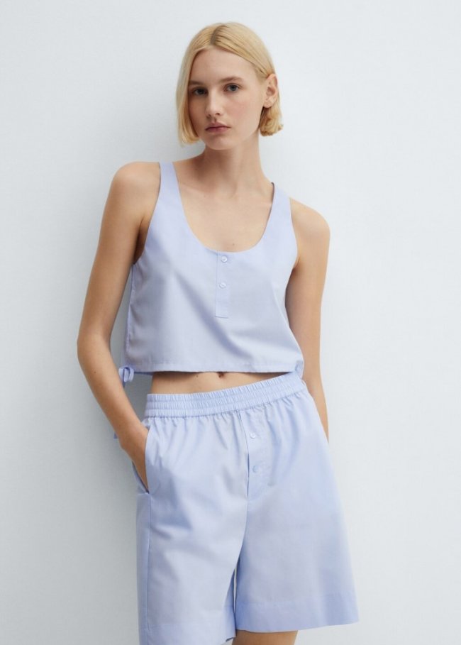 Mango Top crop pijama algodón - Azul celeste