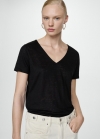 Mango Camiseta lino cuello pico - Negro