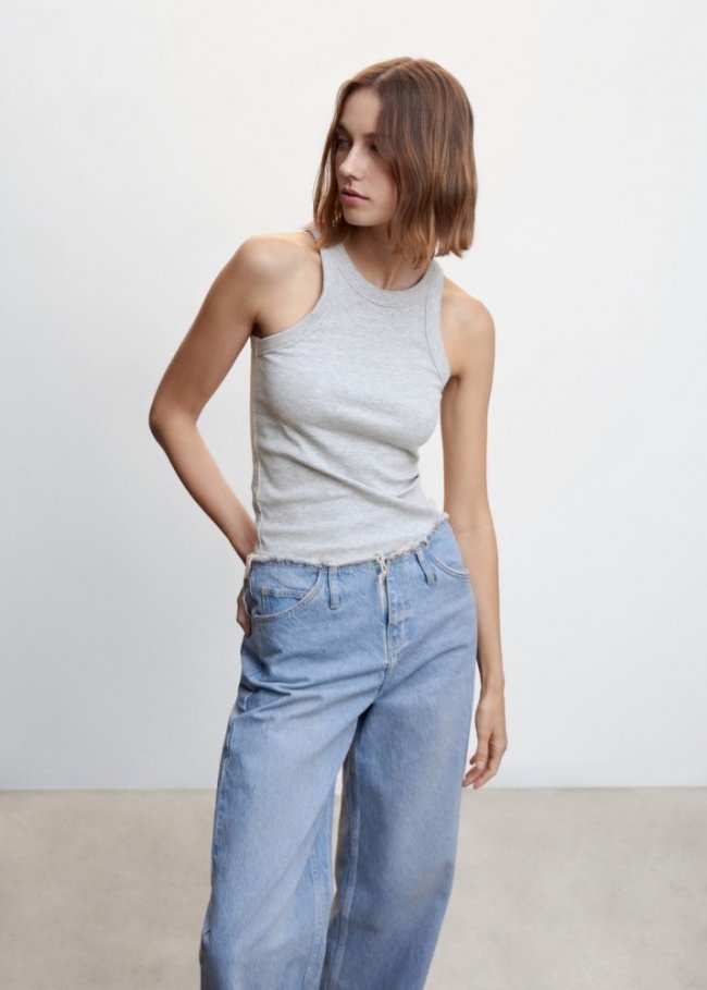 Mango Top canalé algodón - Gris medio vigoré