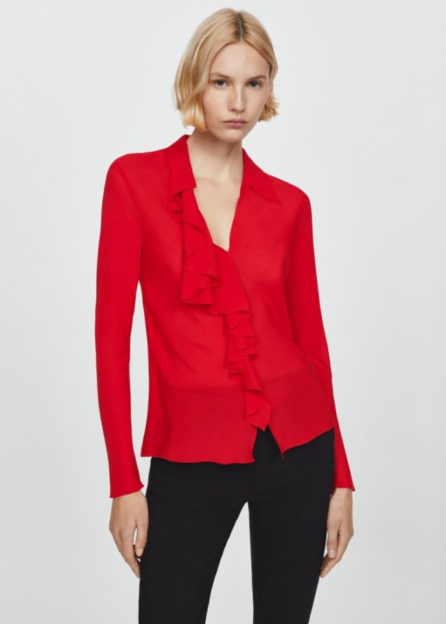 Mango Blusa volante escote pico - Rojo