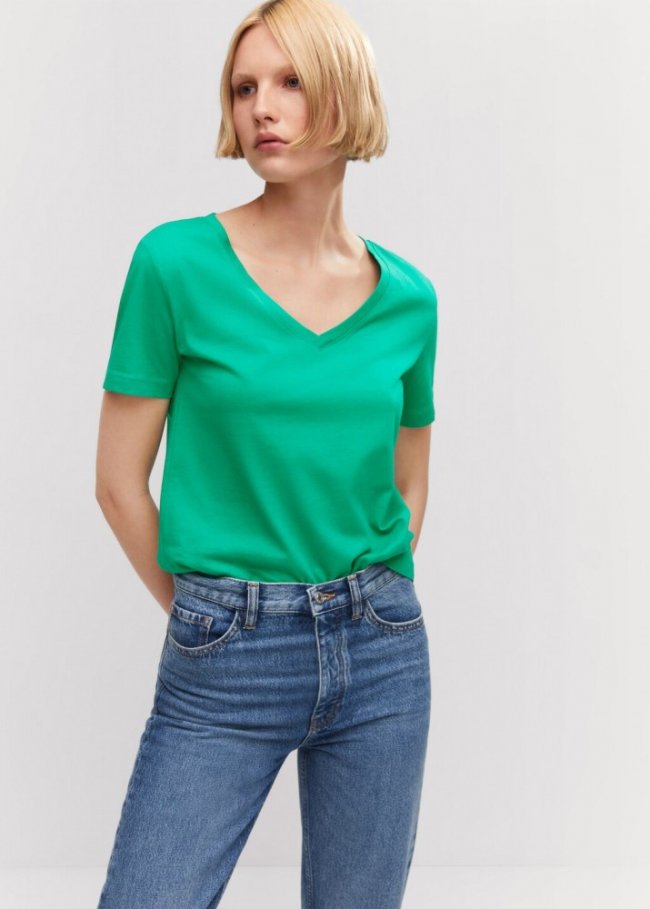 Mango Camiseta algodón cuello pico - Verde