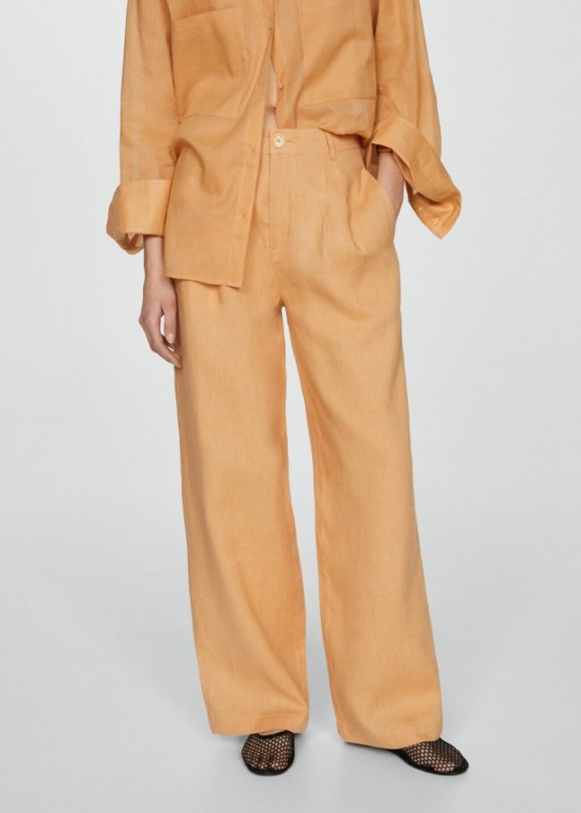 Mango Pantalón wideleg 100% lino - Mostaza