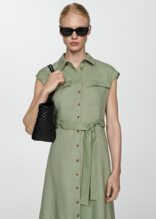 Mango Vestido camisero 100% lino - Verde