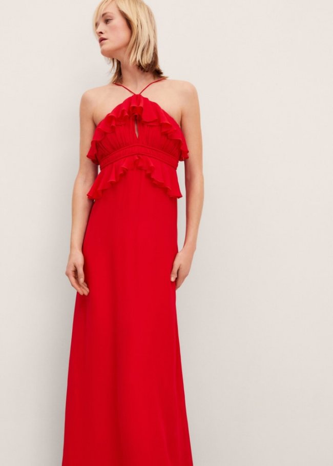 Mango Vestido escote halter detalle volantes - Rojo