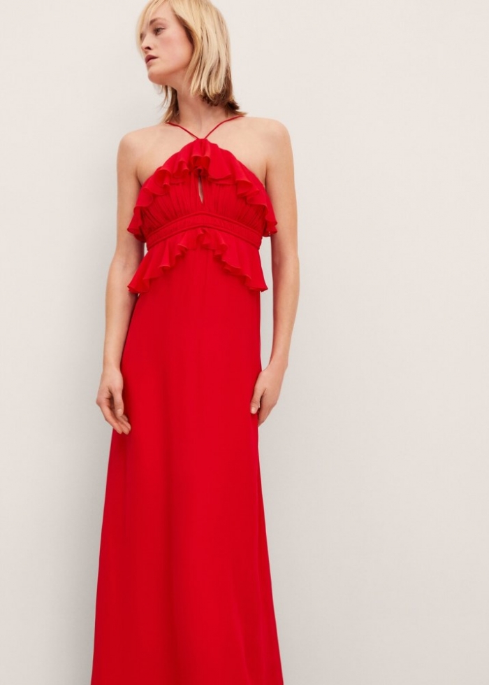 Mango Vestido escote halter detalle volantes - Rojo