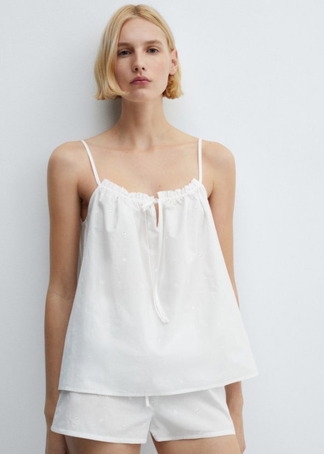 Mango Shorts pijama algodón detalles calados - Blanco