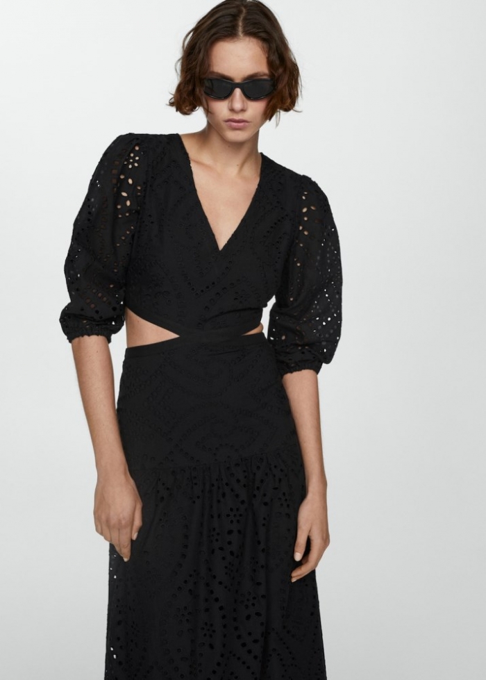 Mango Vestido bordado aberturas - Negro