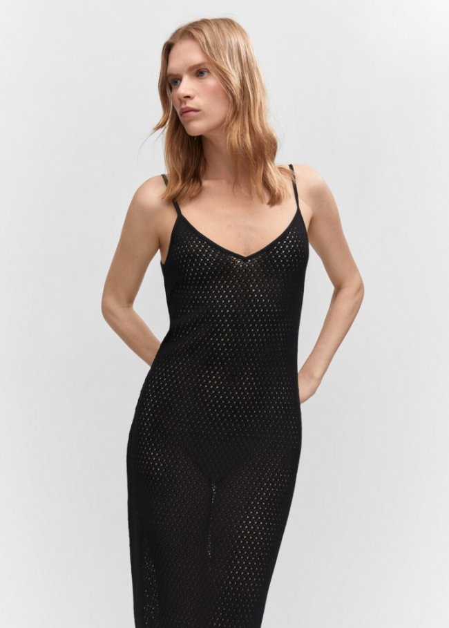 Mango Vestido largo punto calado - Negro