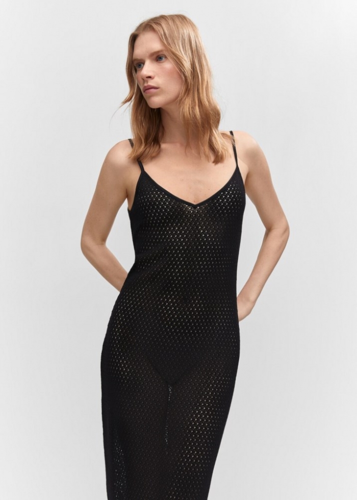 Mango Vestido largo punto calado - Negro