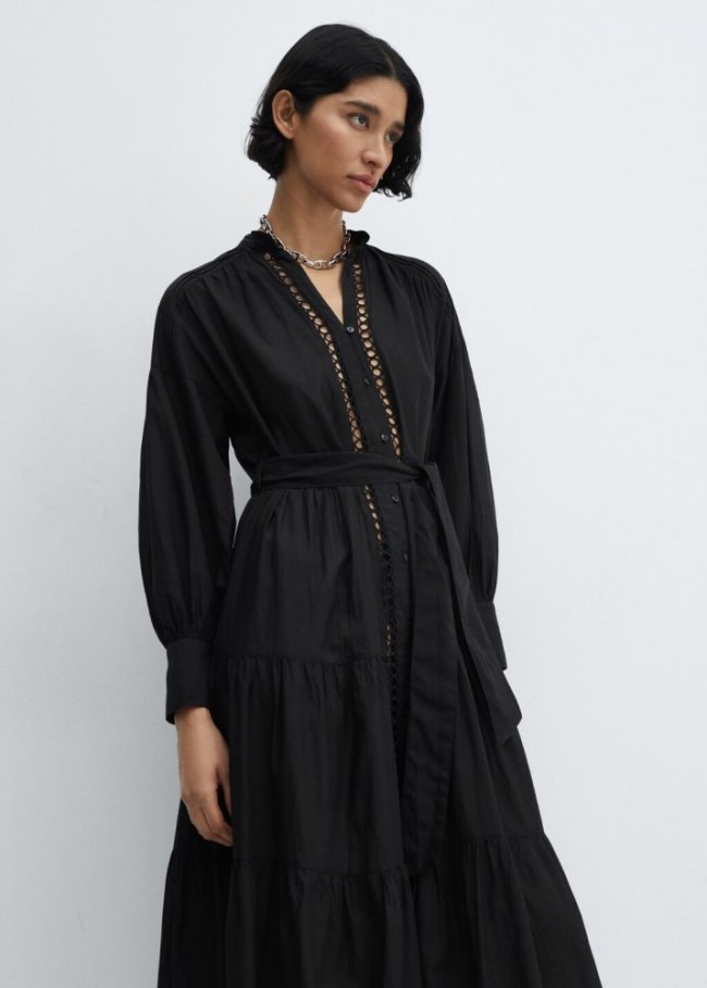Mango Vestido camisero detalles calados - Negro