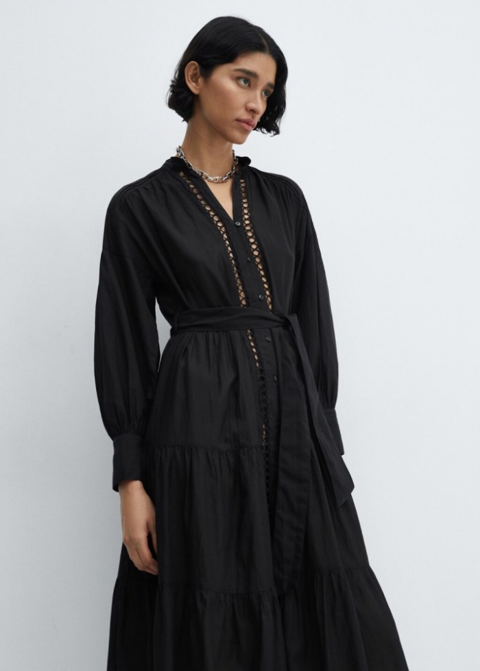 Mango Vestido camisero detalles calados - Negro