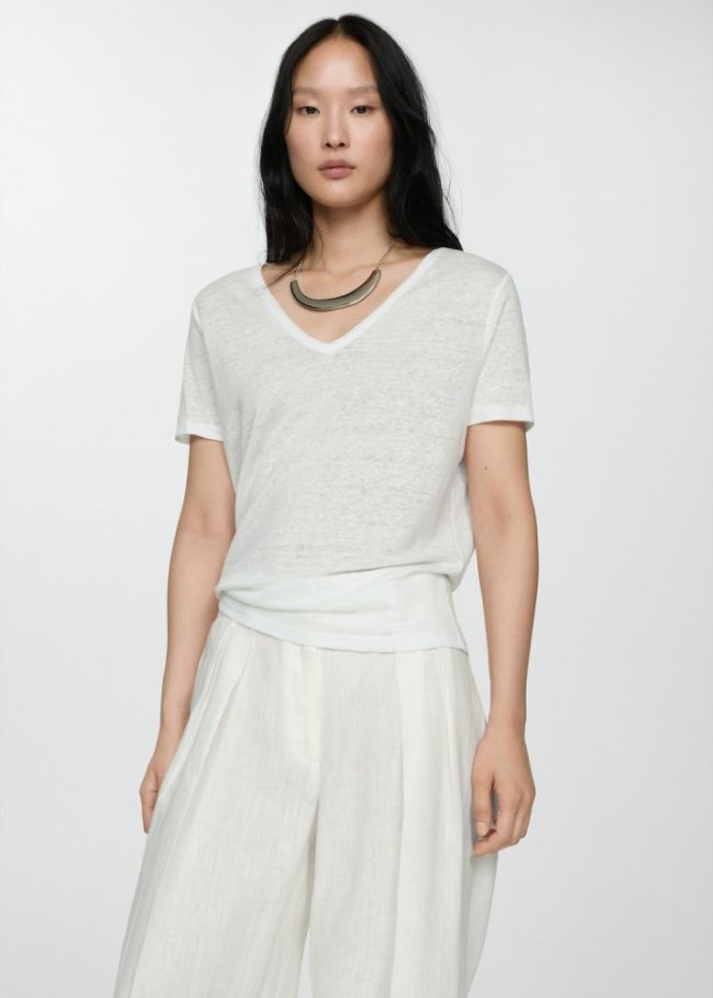 Mango Camiseta lino manga corta - Blanco