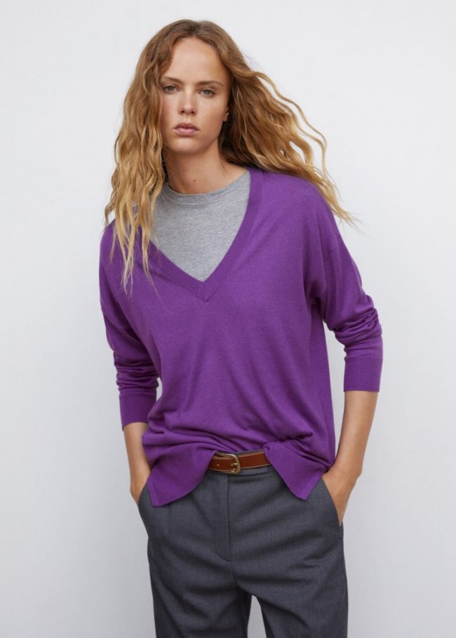 Mango Jersey cuello pico aberturas - Morado