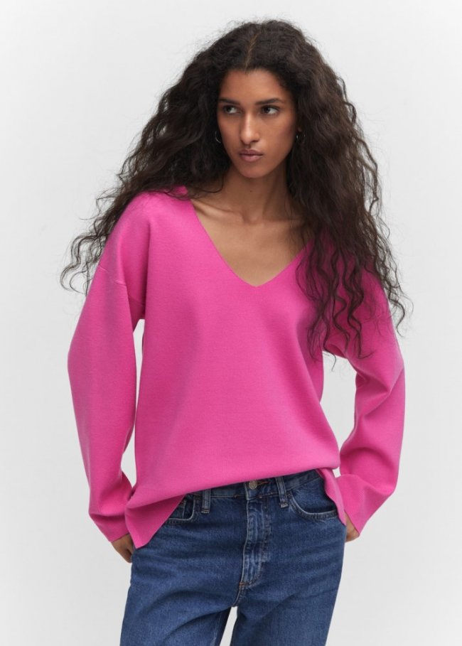Mango Jersey oversize cuello pico - Fucsia