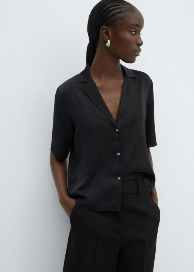 Mango Camisa satinada manga corta - Negro