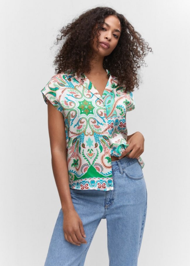 Mango Camisa satinada estampada - Blanco roto