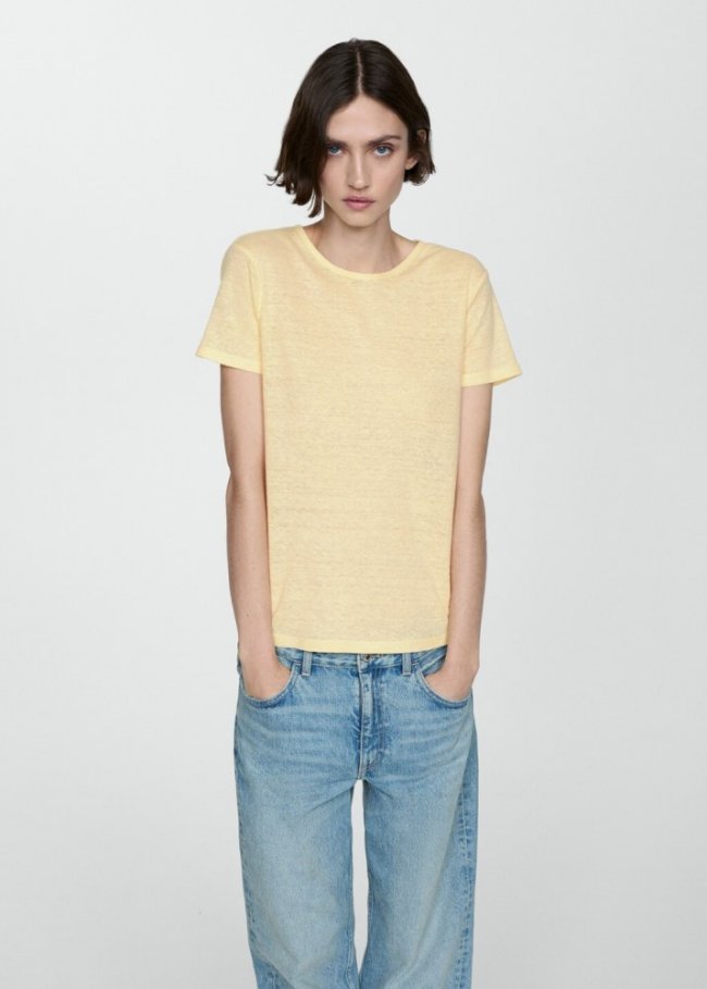 Mango Camiseta lino manga corta - Amarillo pastel