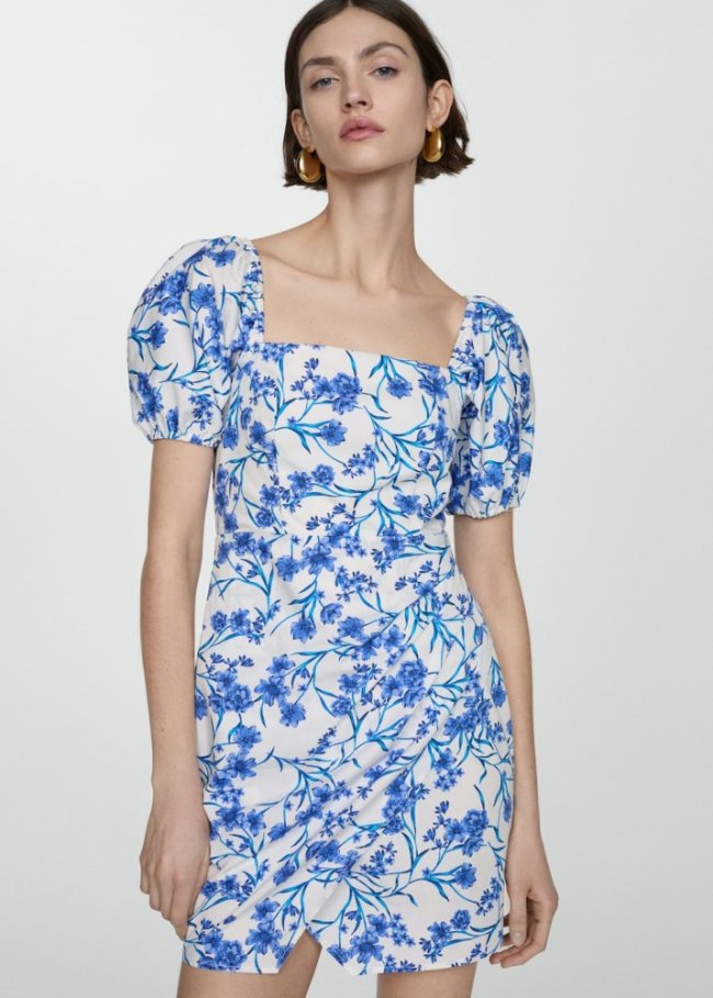 Mango Vestido estampado manga abullonada - Blanco roto