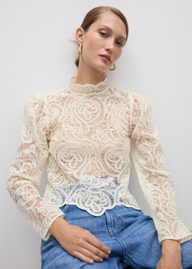 Mango Blusa encaje algodón cuello alto - Crudo