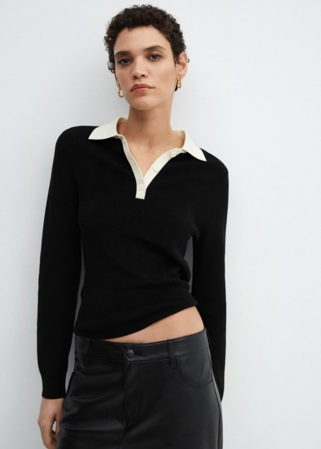 Mango Jersey punto cuello polo - Negro