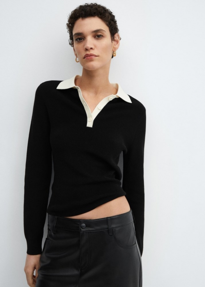 Mango Jersey punto cuello polo - Negro