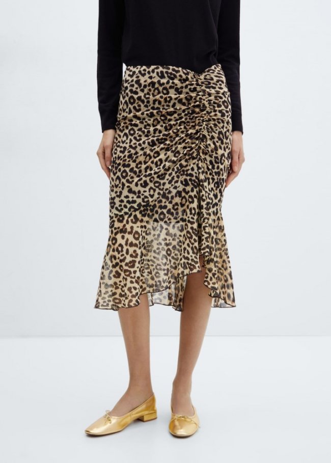 Mango Falda leopardo detalle fruncido - Negro