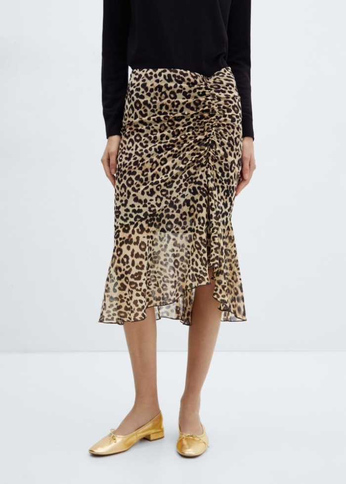 Mango Falda leopardo detalle fruncido - Negro