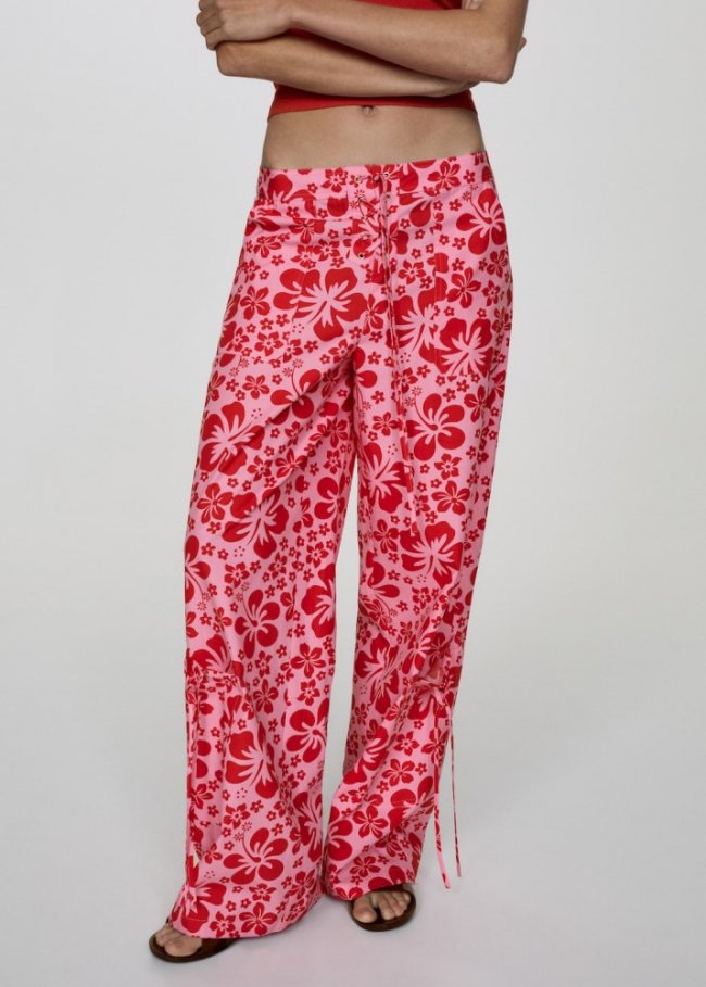 Mango Pantalón flores bolsillos cargo - Rojo intenso