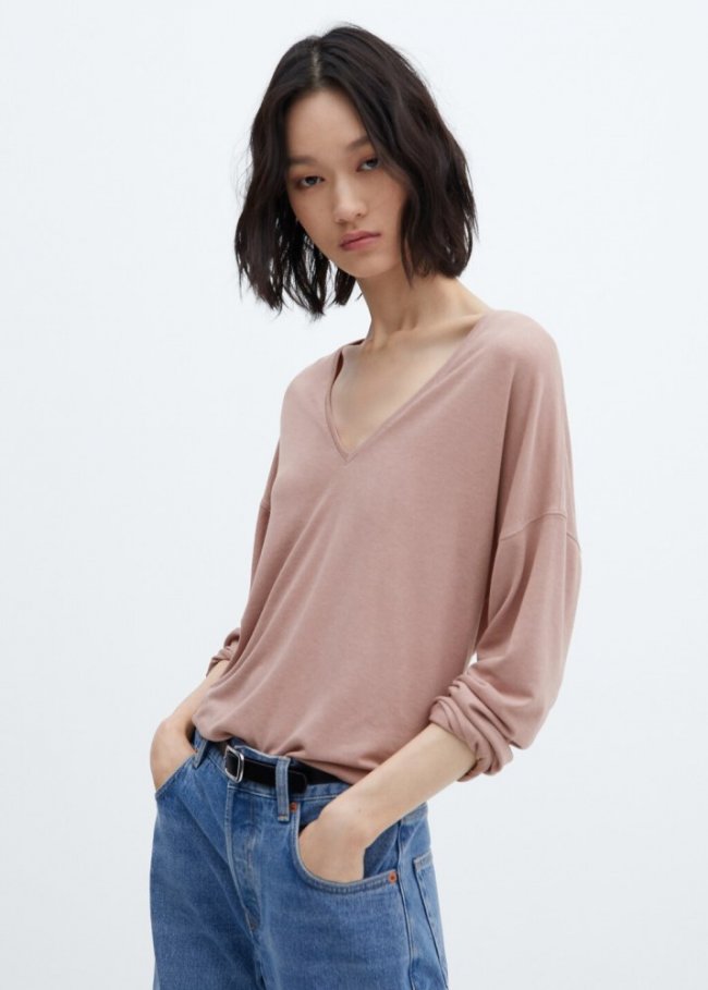 Mango Camiseta manga larga cuello pico - Rosa