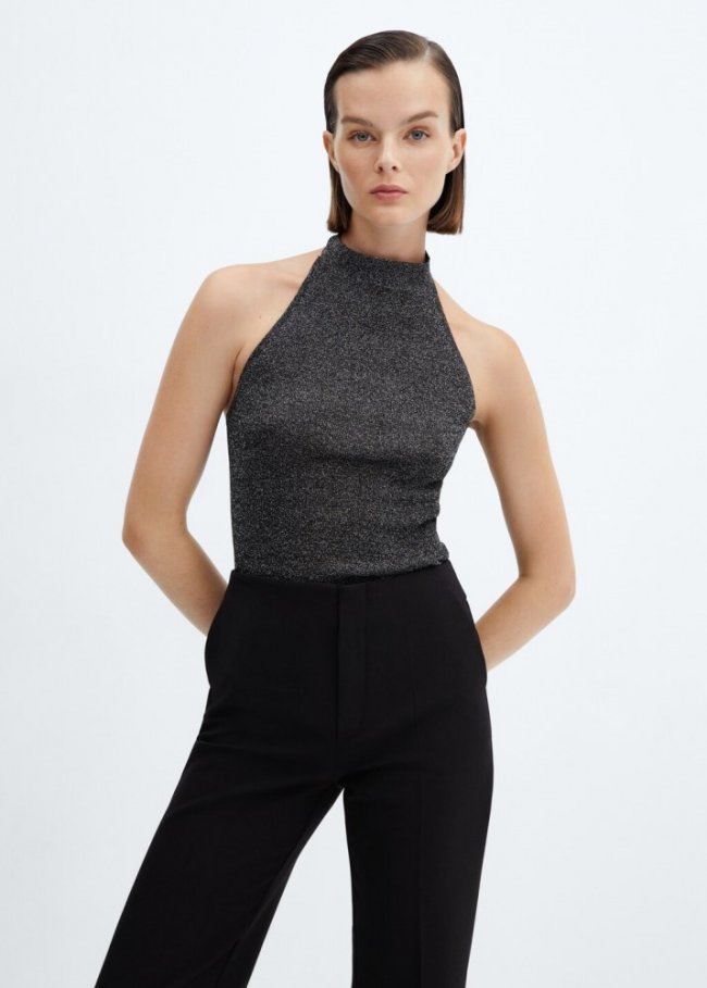 Mango Top cuello halter lúrex - Negro