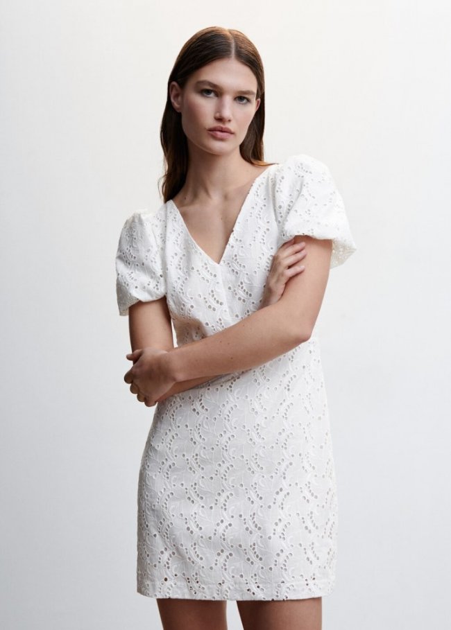 Mango Vestido algodón espalda cruzada - Blanco