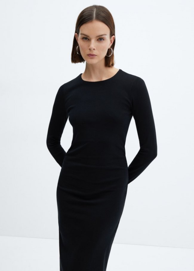 Mango Vestido detalles fruncidos laterales - Negro