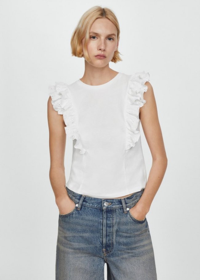 Mango Camiseta algodón volantes - Blanco