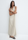 Mango Vestido lino escote pico - Crudo