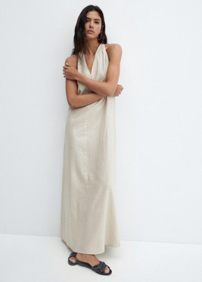 Mango Vestido lino escote pico - Crudo