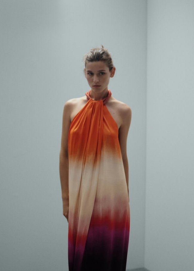 Mango Vestido satinado cuello rígido strass - Naranja